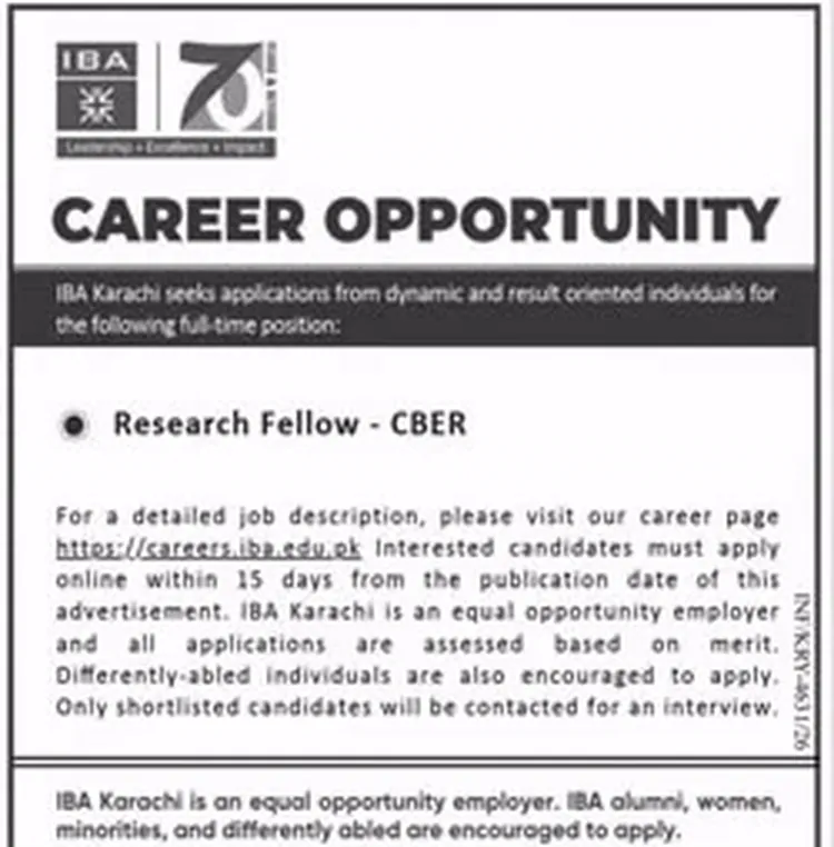 IBA Karachi Research Fellow CBER career opportunity advertisement October 2026