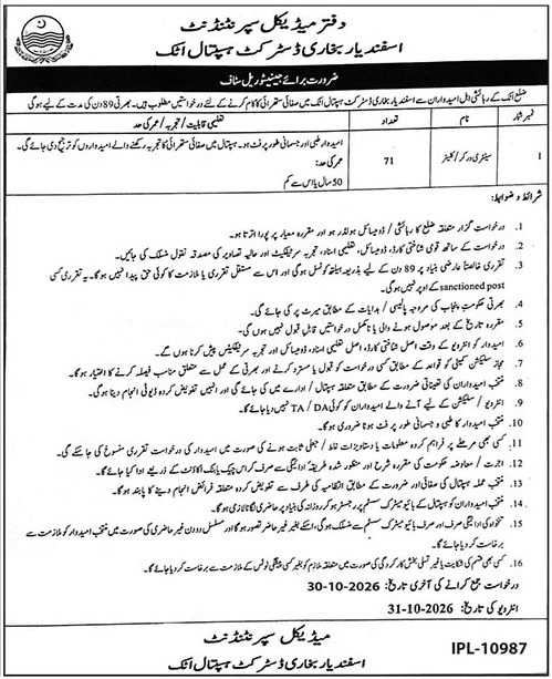 Isfandyar Bukhari DHQ Hospital Attock Attock Sanitary Worker Jobs October 2026 – 71 posts