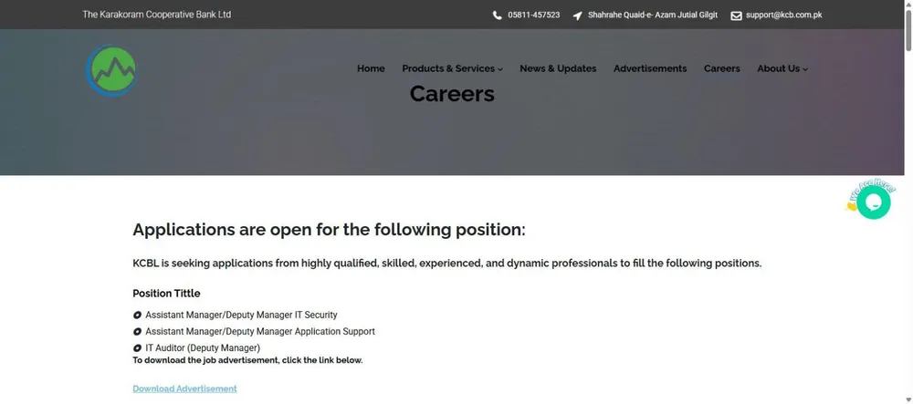 KCBL careers page kcb.com.pk showing IT Security Application Support IT Auditor positions deadline 12 November 2026