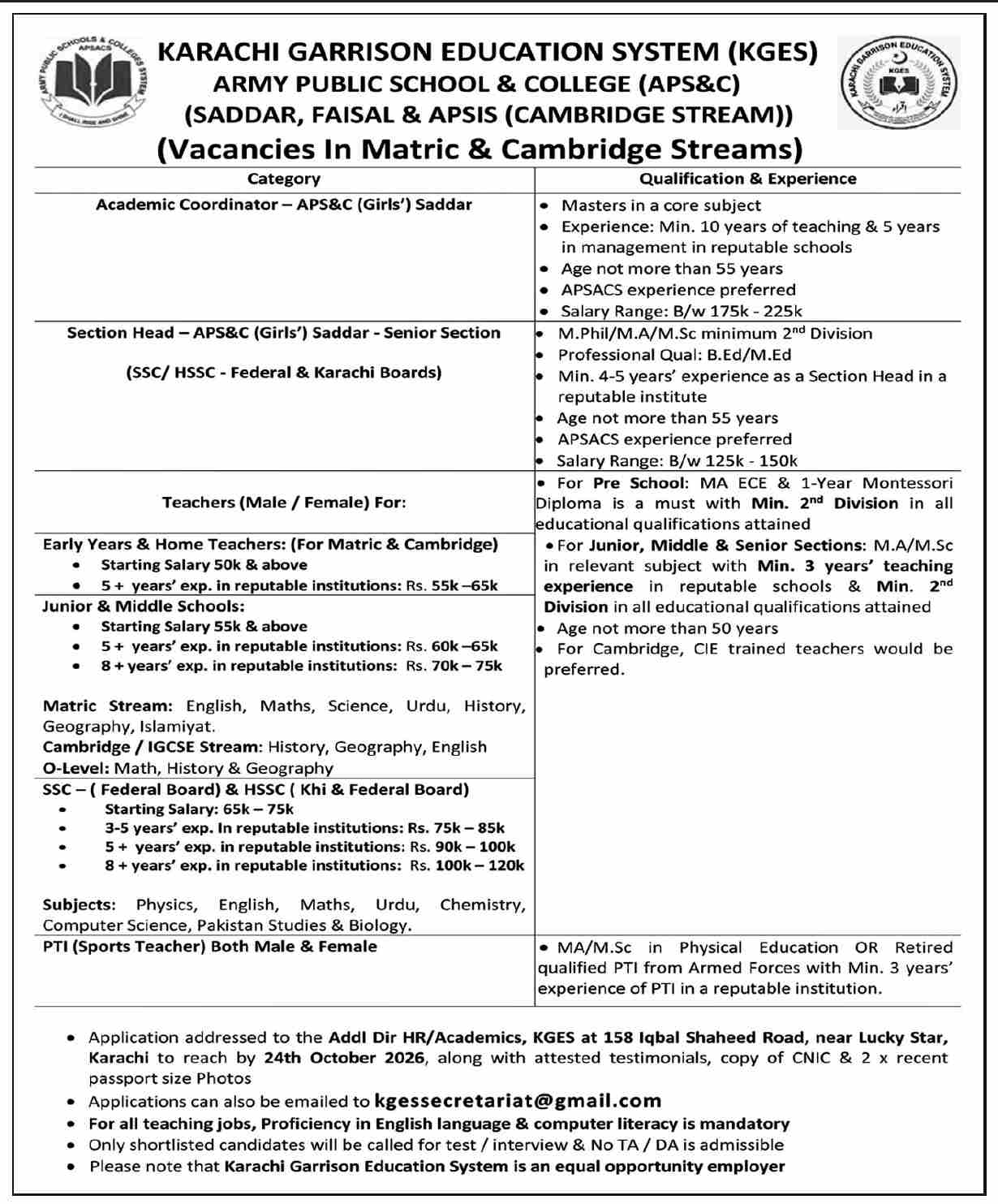 Karachi Garrison Education System Army Public School & College Saddar, Faisal and APSIS vacancies in Matric and Cambridge streams, Dawn 18 October 2026