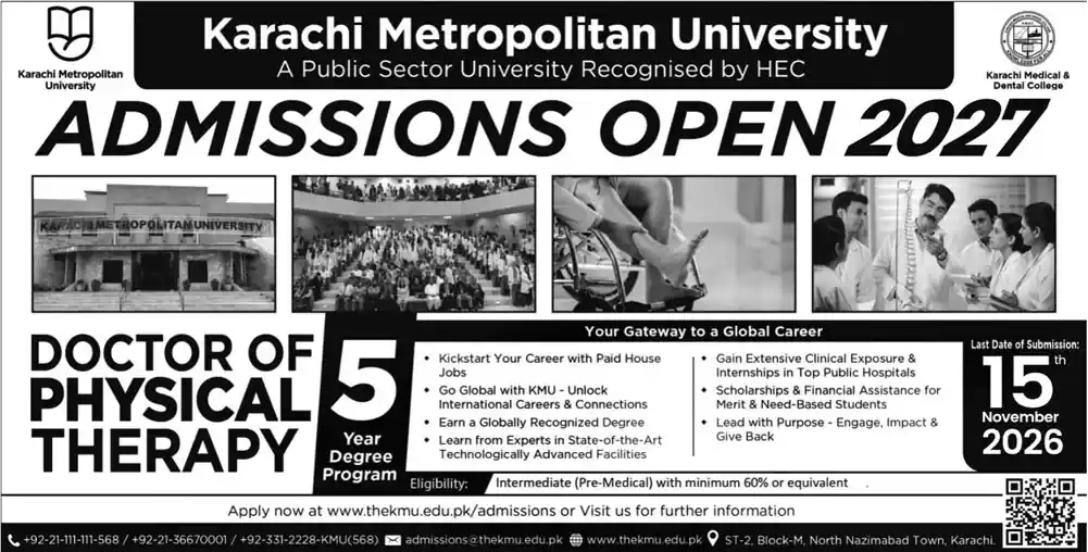 Karachi Metropolitan University KMU Doctor of Physical Therapy DPT admissions open 2027 notice Jang Karachi 25 October 2026