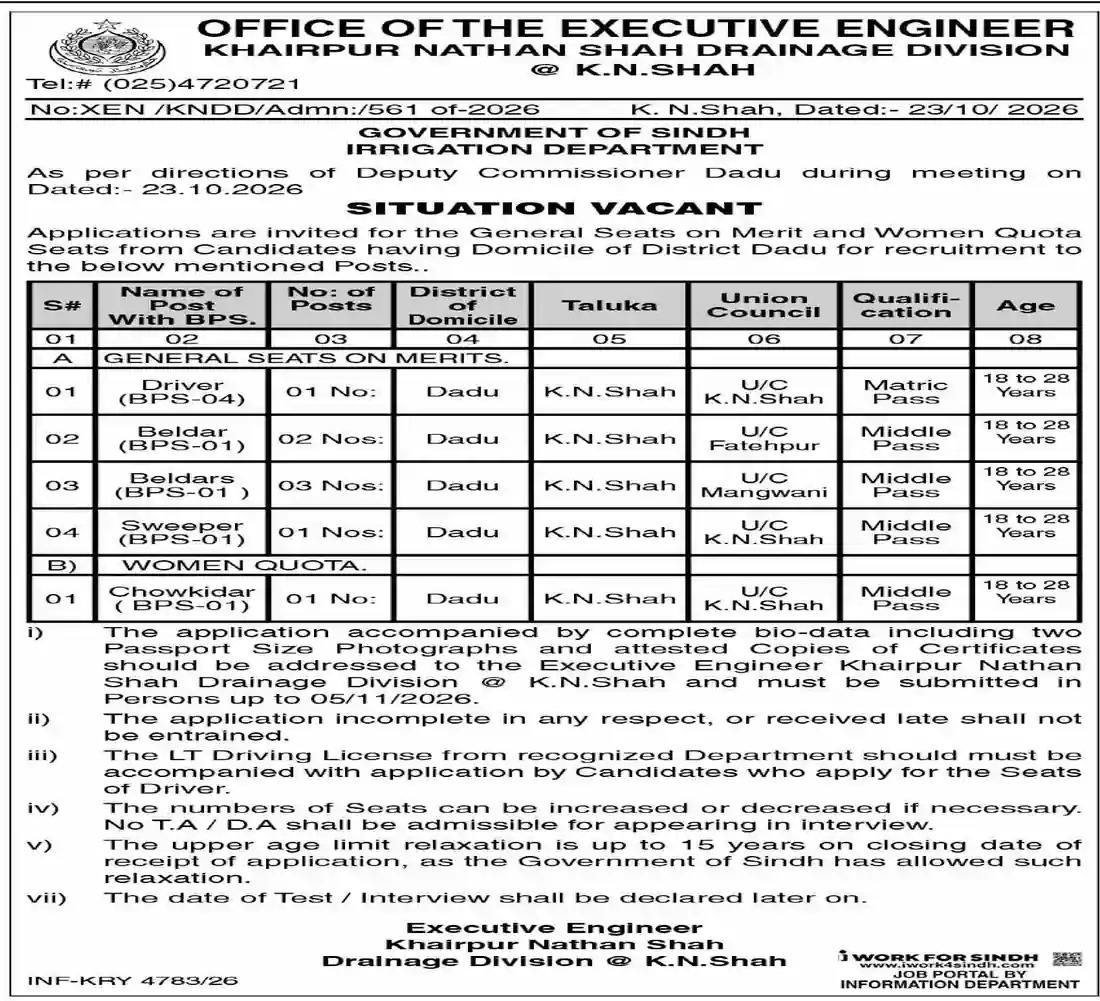 Executive Engineer Khairpur Nathan Shah Drainage Division Dadu 8 posts Driver Beldar Sweeper Chowkidar jobs ad Dawn 28 October 2026