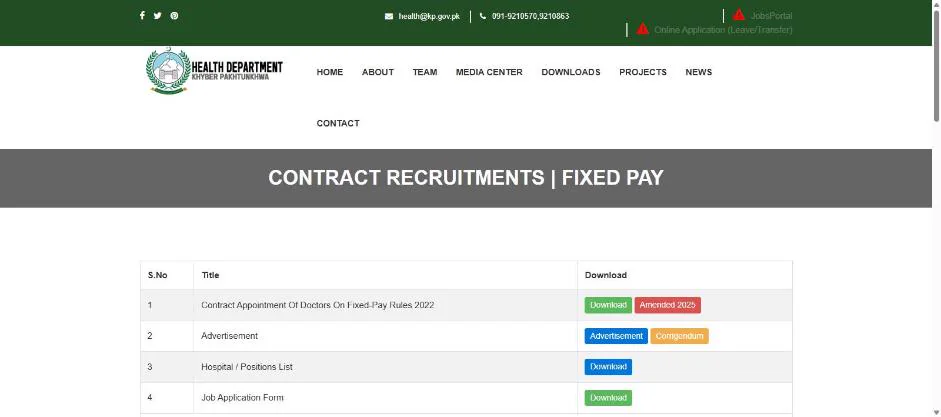 Khyber Pakhtunkhwa Health Department official contract recruitment page 24 October 2026
