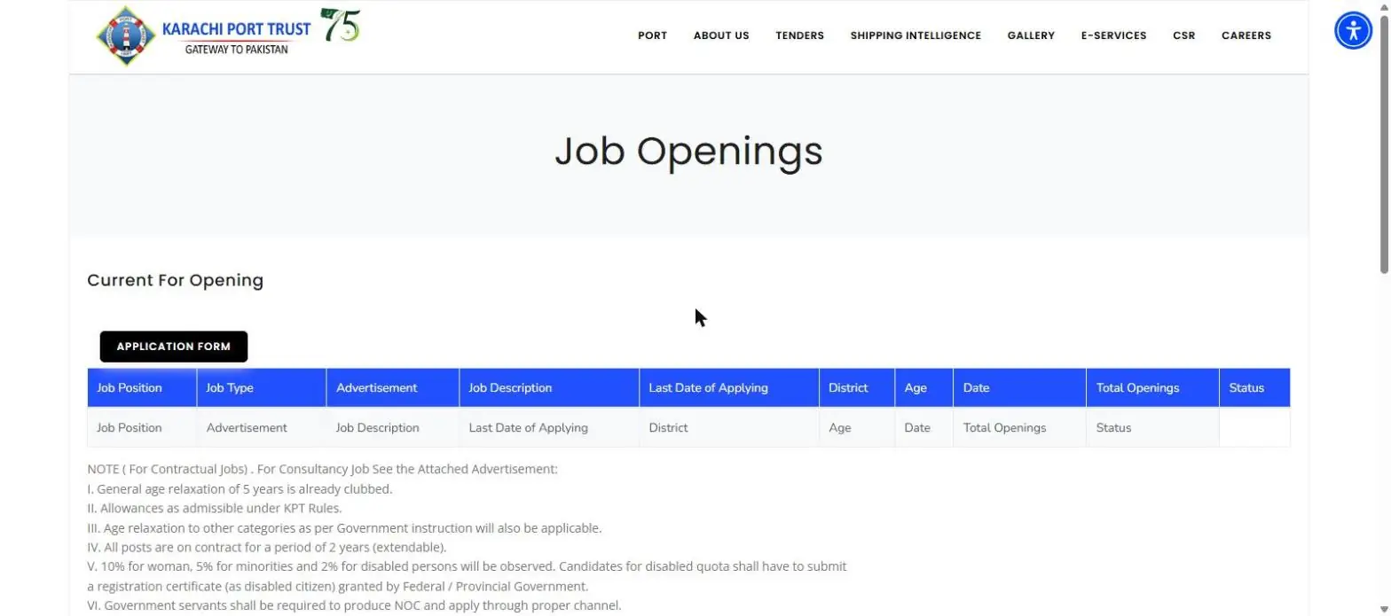 Karachi Port Trust careers page Job Openings with Application Form button