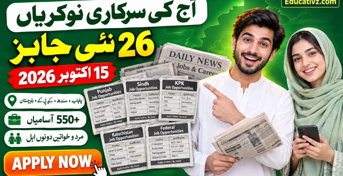 Latest Govt Jobs 15 October 2026 – 26 new newspaper job ads Punjab, Sindh, KPK, Balochistan | Educativz