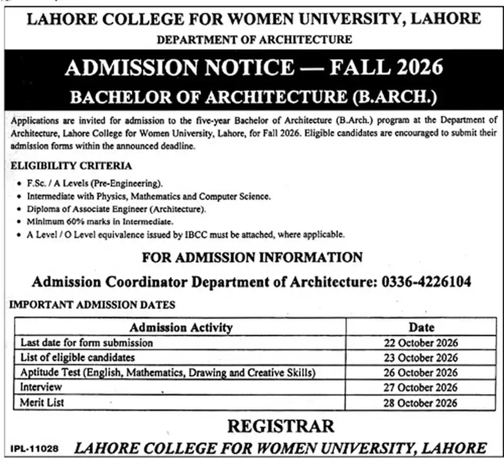 Lahore College for Women University Department of Architecture admission notice Fall 2026: Bachelor of Architecture B.Arch, 60% Intermediate, last date 22 October 2026, aptitude test 26 October, merit list 28 October, Daily Jang Lahore 18 October 2026