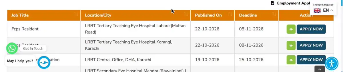 LRBT careers page listing FCPS Resident Lahore Multan Road and Korangi Karachi deadline 08-11-2026