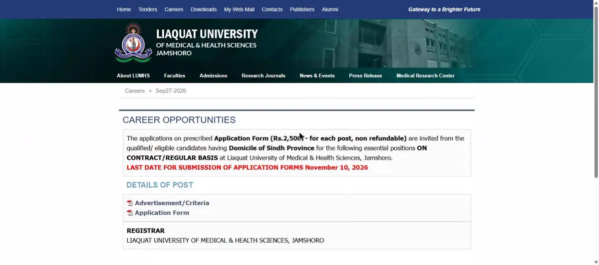 LUMHS career opportunities page Rs 2,500 application form Sindh domicile last date 10 November 2026