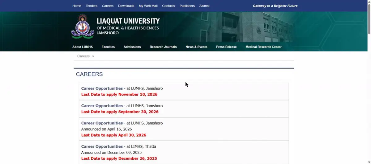 LUMHS careers page showing career opportunities last date to apply November 10, 2026