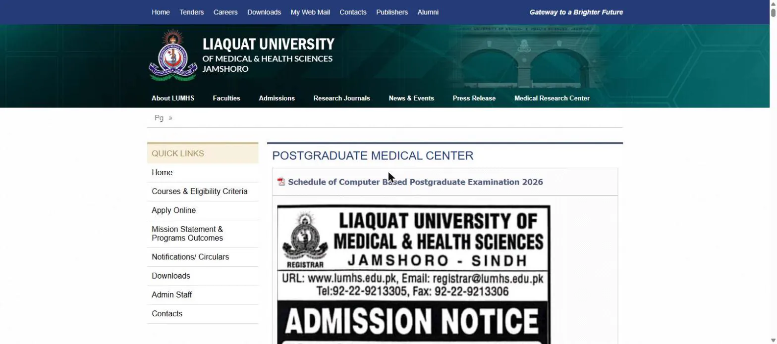 LUMHS Postgraduate Medical Center official page with Apply Online link 24 October 2026
