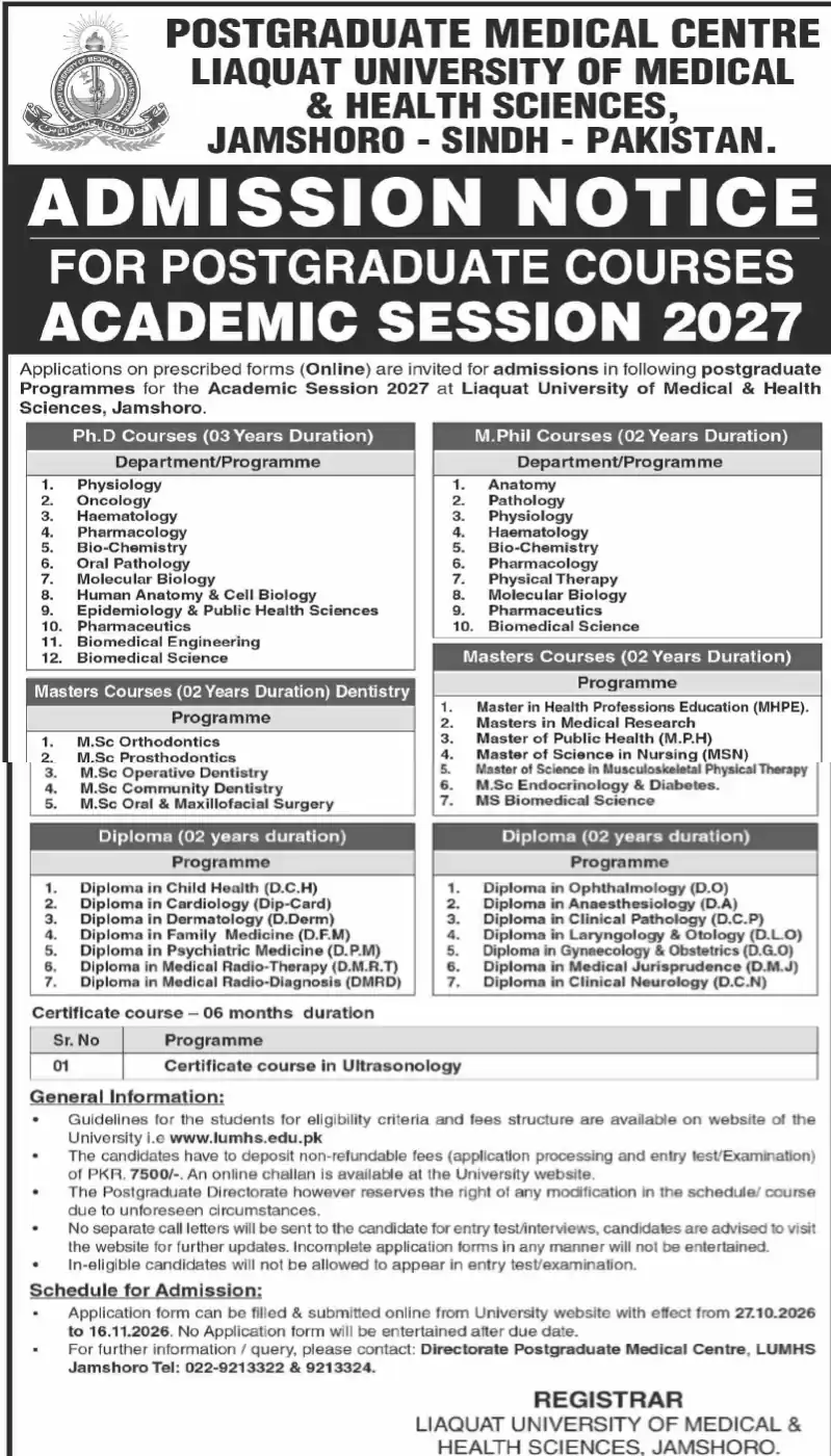 LUMHS Jamshoro Postgraduate Medical Centre admission notice for postgraduate courses academic session 2027 Dawn 24 October 2026