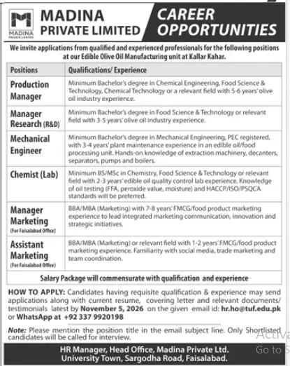 Madina Private Limited olive oil career opportunities Kallar Kahar Faisalabad advertisement October 2026