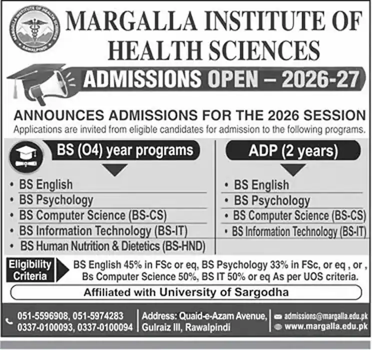 Margalla Institute of Health Sciences Rawalpindi admissions open 2026-27 advertisement, affiliated with University of Sargodha, Daily Jang Rawalpindi 18 October 2026