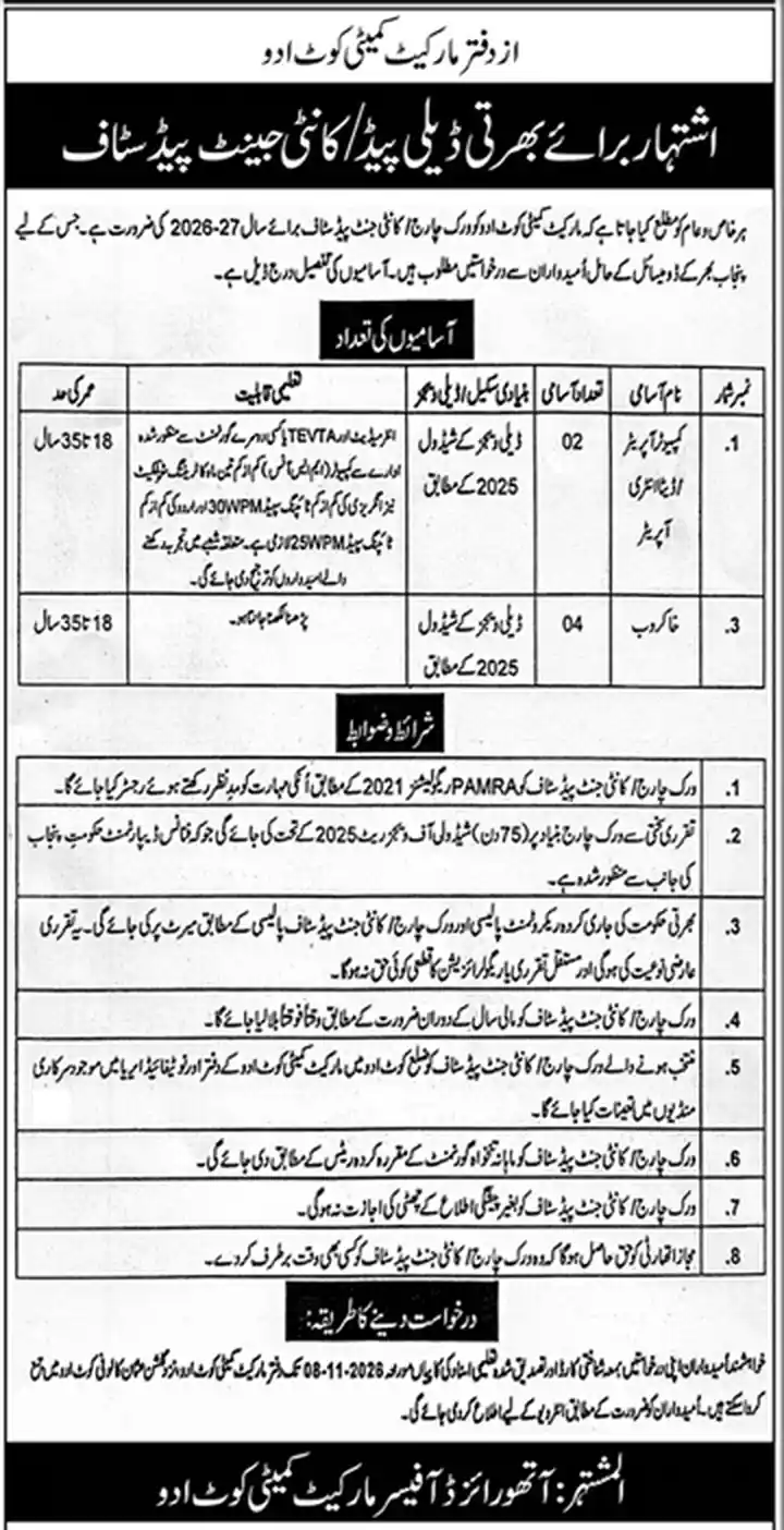 Market Committee Kot Addu daily wages contingent paid staff jobs advertisement Dunya Multan 26 October 2026