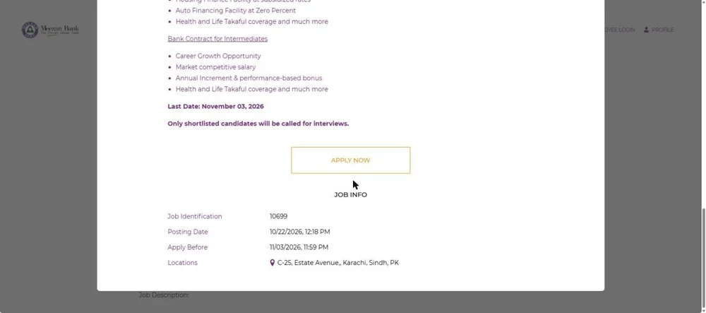 Meezan Bank Apply Now button Job Info apply before 11/03/2026 11:59 PM