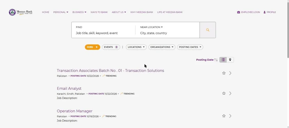 Meezan Bank careers portal job list Transaction Associates Email Analyst Operation Manager