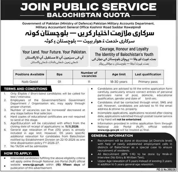 Military Accounts Department Naib Qasid 11 posts BPS-01 Balochistan quota Jang advertisement 29 October 2026