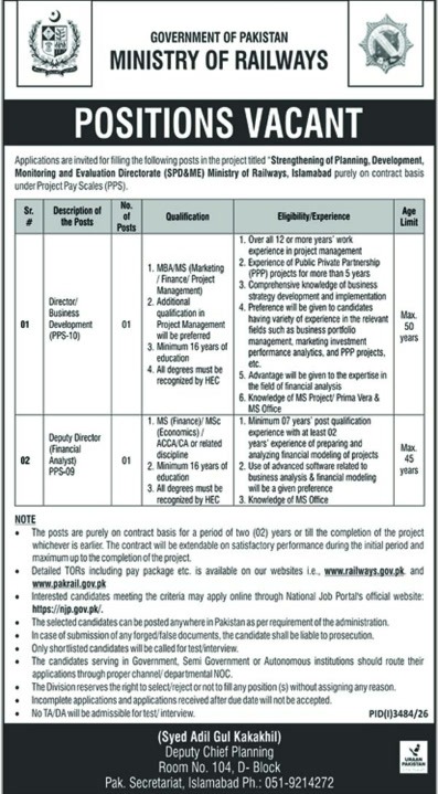 Ministry of Railways Director Business Development Deputy Director jobs 2026