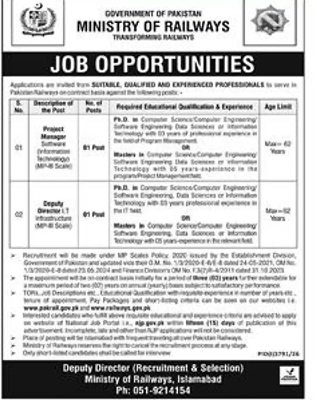 Ministry of Railways job opportunities advertisement Project Manager Software and Deputy Director IT Infrastructure MP-III Dawn 27 October 2026