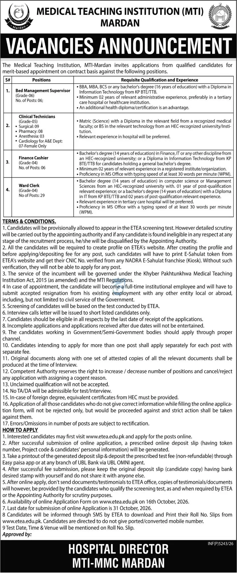 MTI Mardan Mardan Medical Complex vacancies announcement advertisement, Daily Aaj 18 October 2026