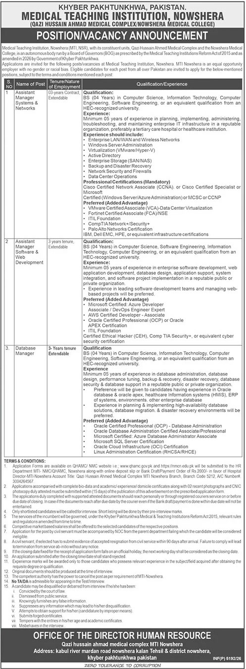 MTI Nowshera IT assistant manager database manager jobs 2026