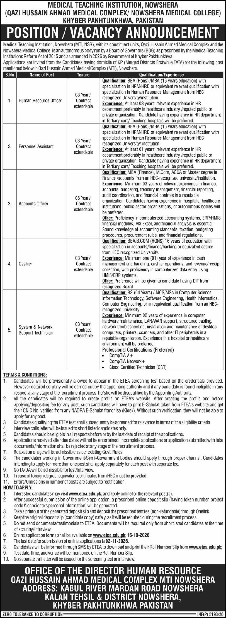 MTI Nowshera Qazi Hussain Ahmad Medical Complex jobs 2026