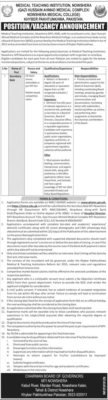 MTI Nowshera Secretary Board of Governors job 2026