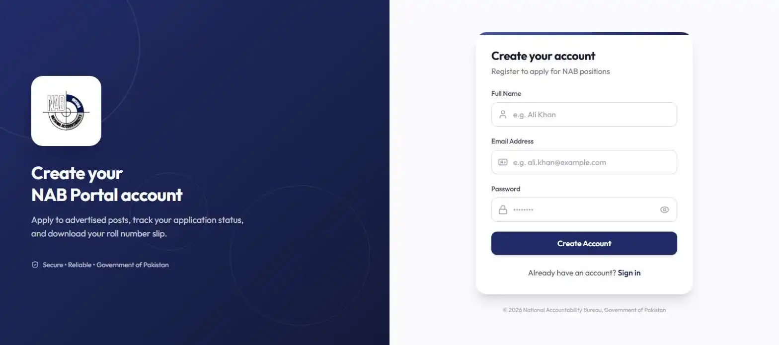 NAB recruitment portal create account page