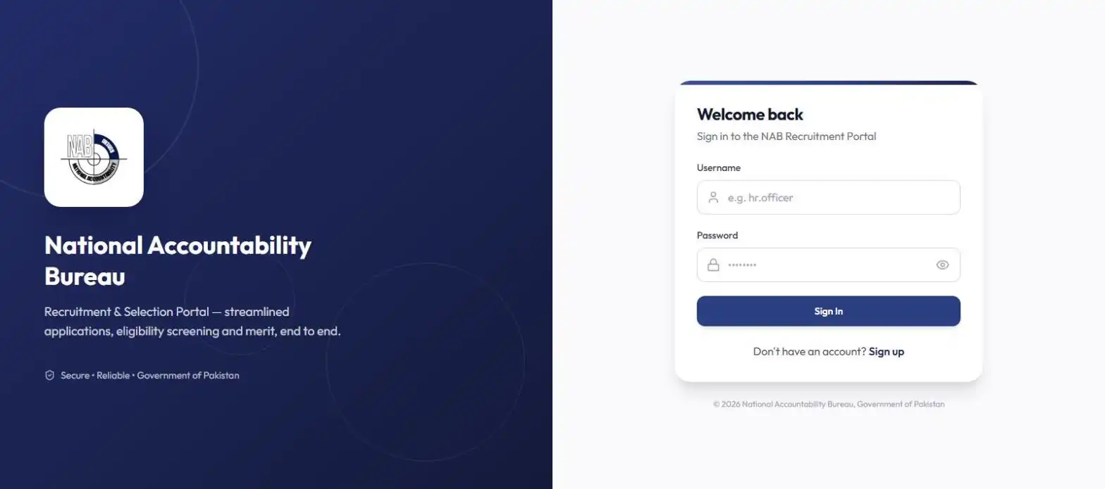 NAB recruitment portal sign in page