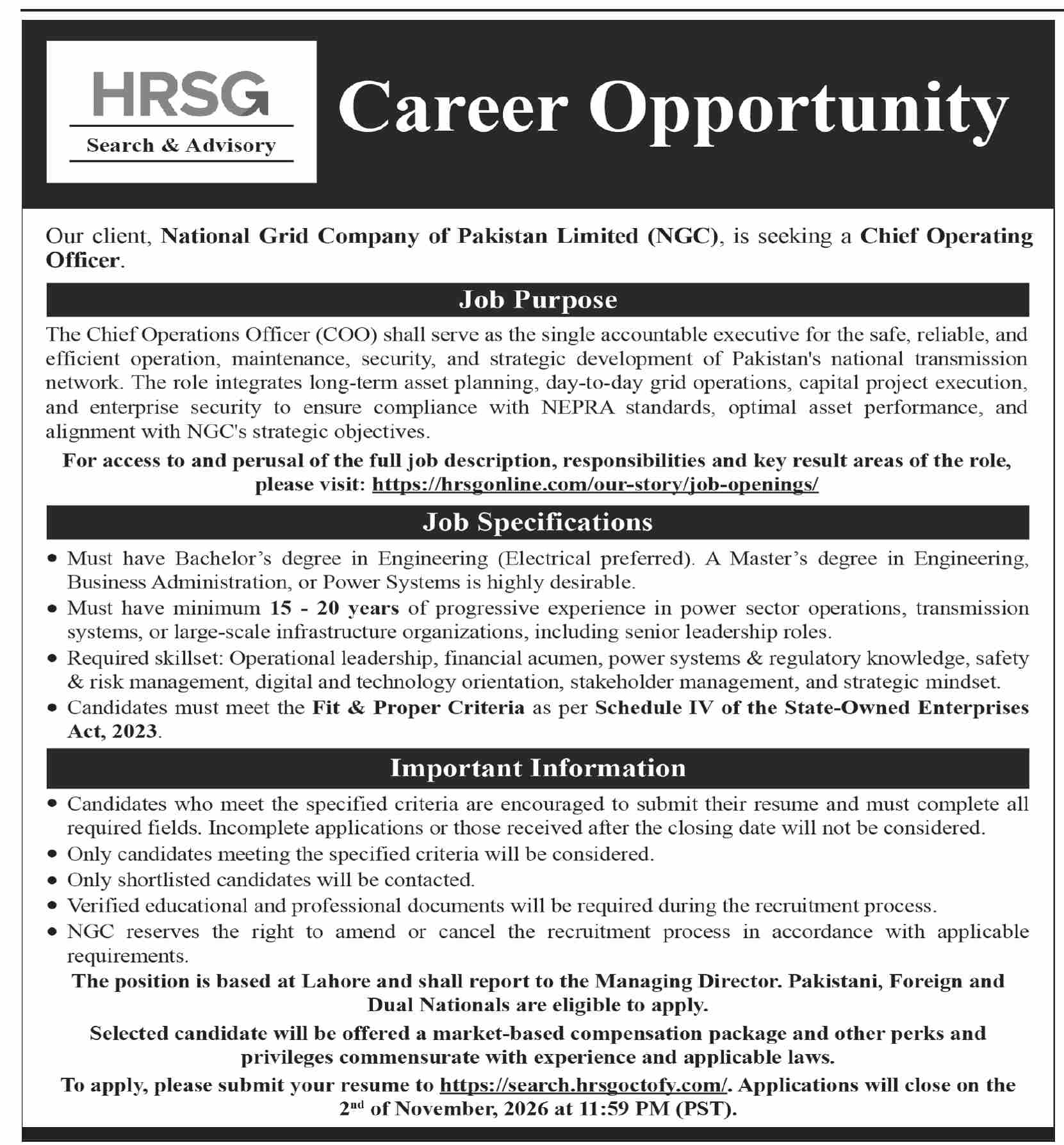 HRSG Career Opportunity advertisement: National Grid Company of Pakistan Limited (NGC) Chief Operating Officer job, Dawn 18 October 2026