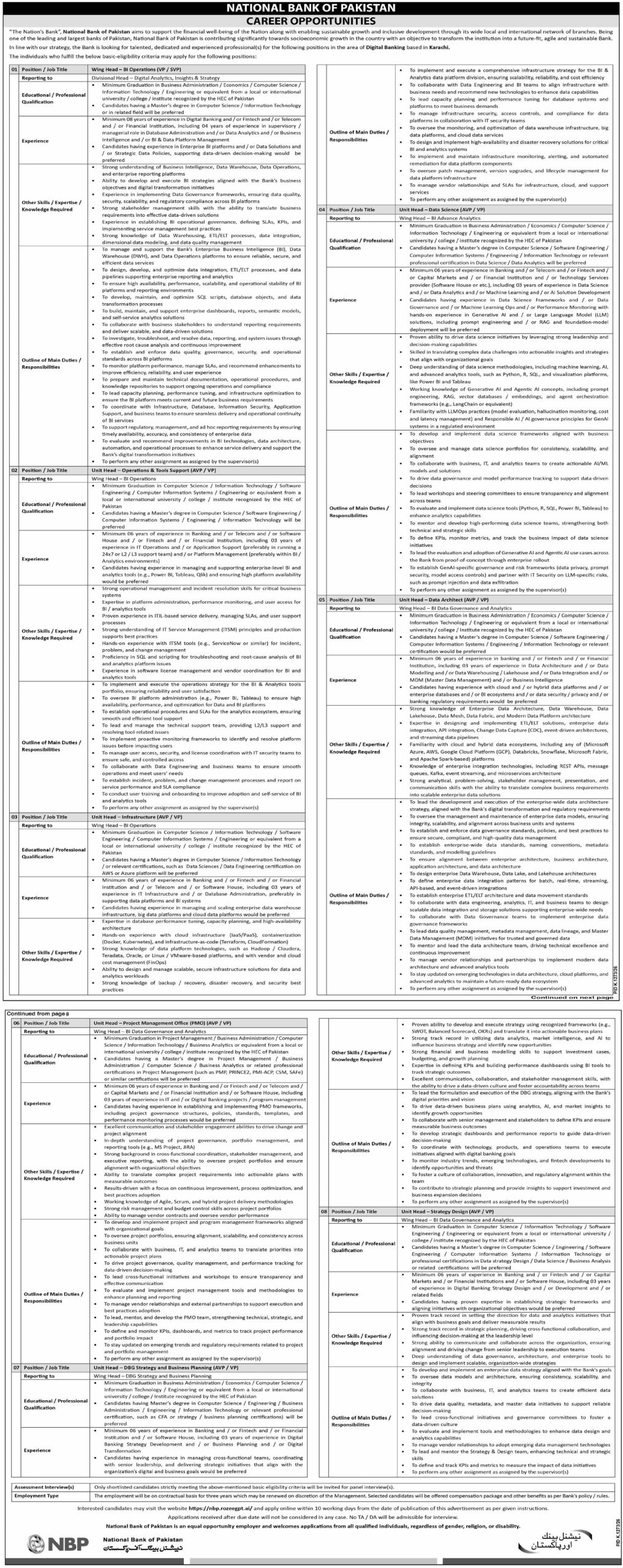 National Bank of Pakistan Career Opportunities advertisement: Digital Banking jobs Karachi, Wing Head BI Operations and 7 Unit Head posts, Dawn 18 October 2026