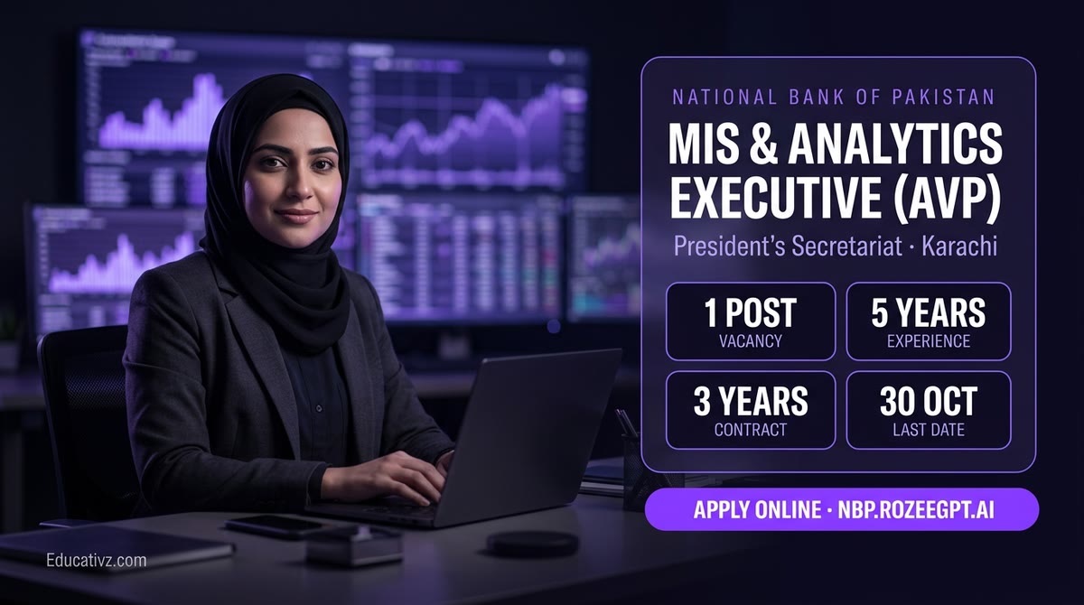 National Bank of Pakistan MIS and Analytics Executive AVP job 2026, President's Secretariat Karachi: 1 post, 5 years experience, 3-year contract, apply online by 30 Oct 2026 | Educativz
