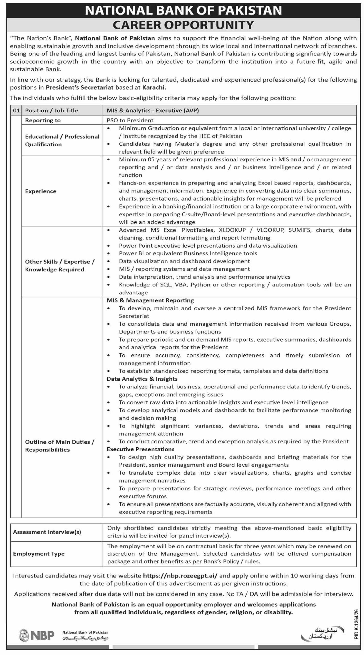 National Bank of Pakistan Career Opportunity advertisement: MIS and Analytics Executive (AVP), President's Secretariat Karachi, Dawn 18 October 2026