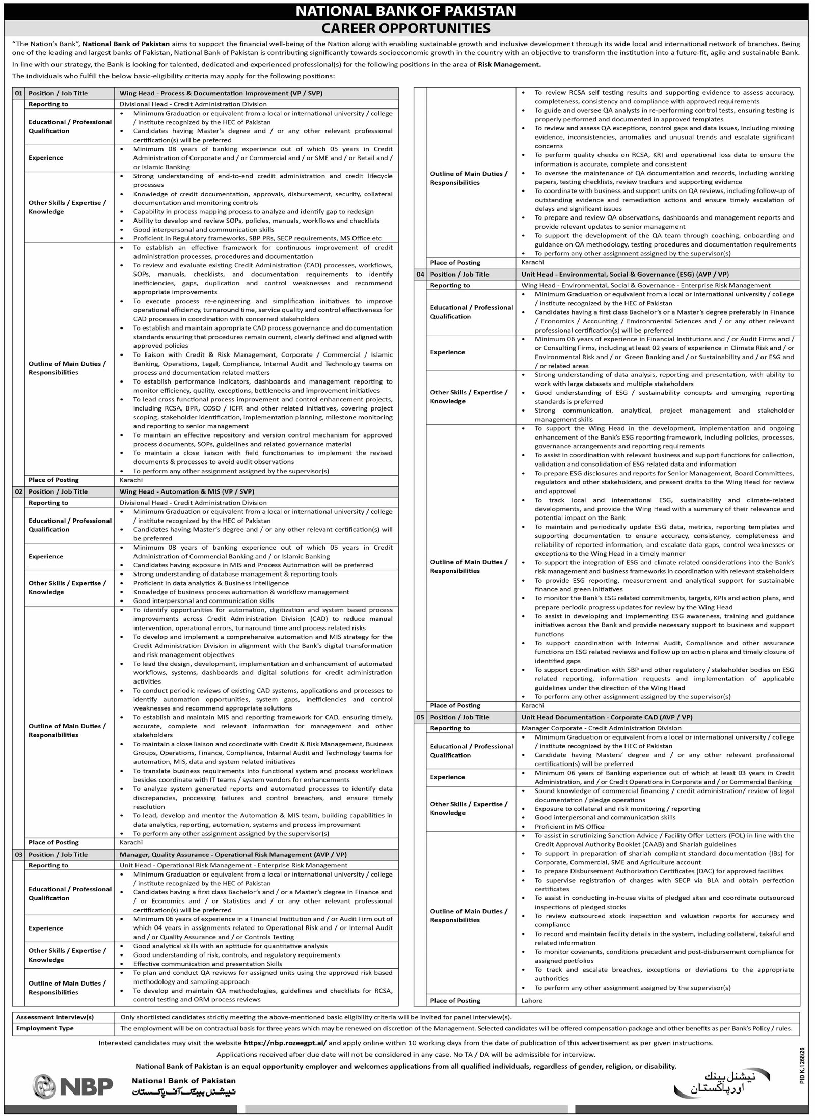 National Bank of Pakistan career opportunities Risk Management advertisement, Dawn 18 October 2026