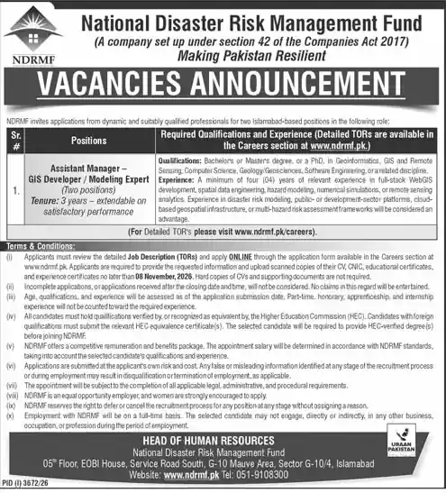 NDRMF Assistant Manager GIS Developer Modeling Expert job advertisement October 2026