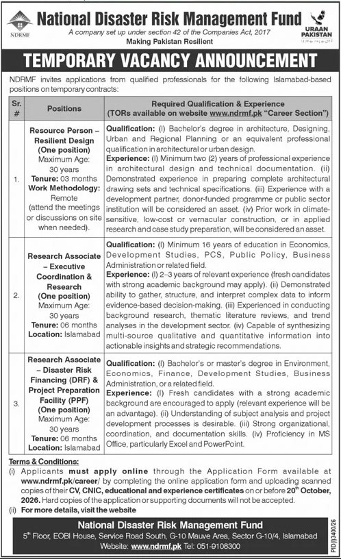 NDRMF Islamabad jobs October 2026 research associate advertisement