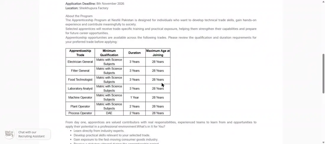 Nestlé Sheikhupura apprenticeship trades table matric with science DAE duration maximum age 28