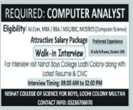 Nishat College Multan computer analyst job