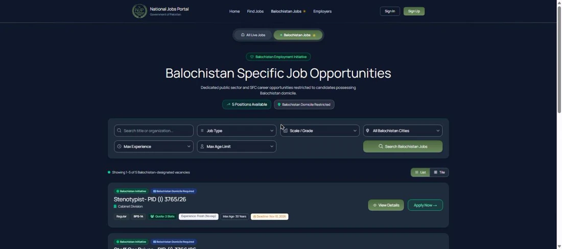 NJP Balochistan Jobs page Balochistan domicile restricted federal vacancies 25 October 2026
