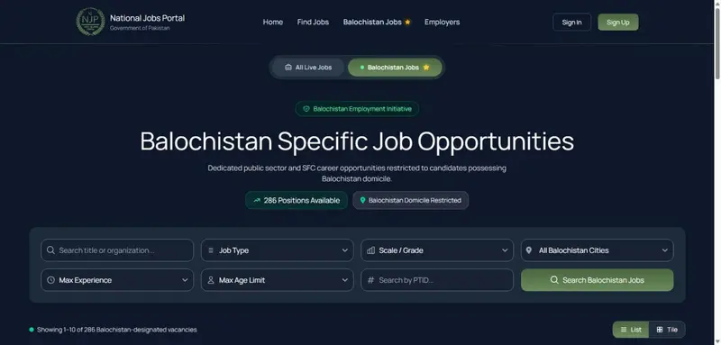 National Jobs Portal Balochistan jobs page 286 positions Balochistan domicile restricted October 2026