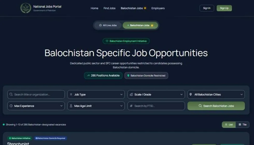 National Jobs Portal Balochistan jobs page 286 positions Balochistan domicile restricted October 2026