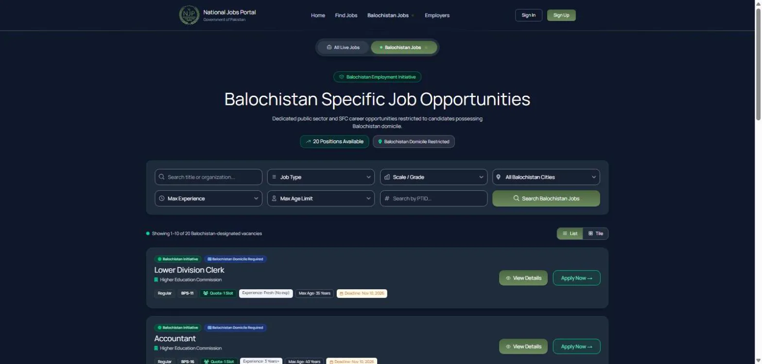 NJP Balochistan Jobs page listing Balochistan domicile federal vacancies, 27 October 2026