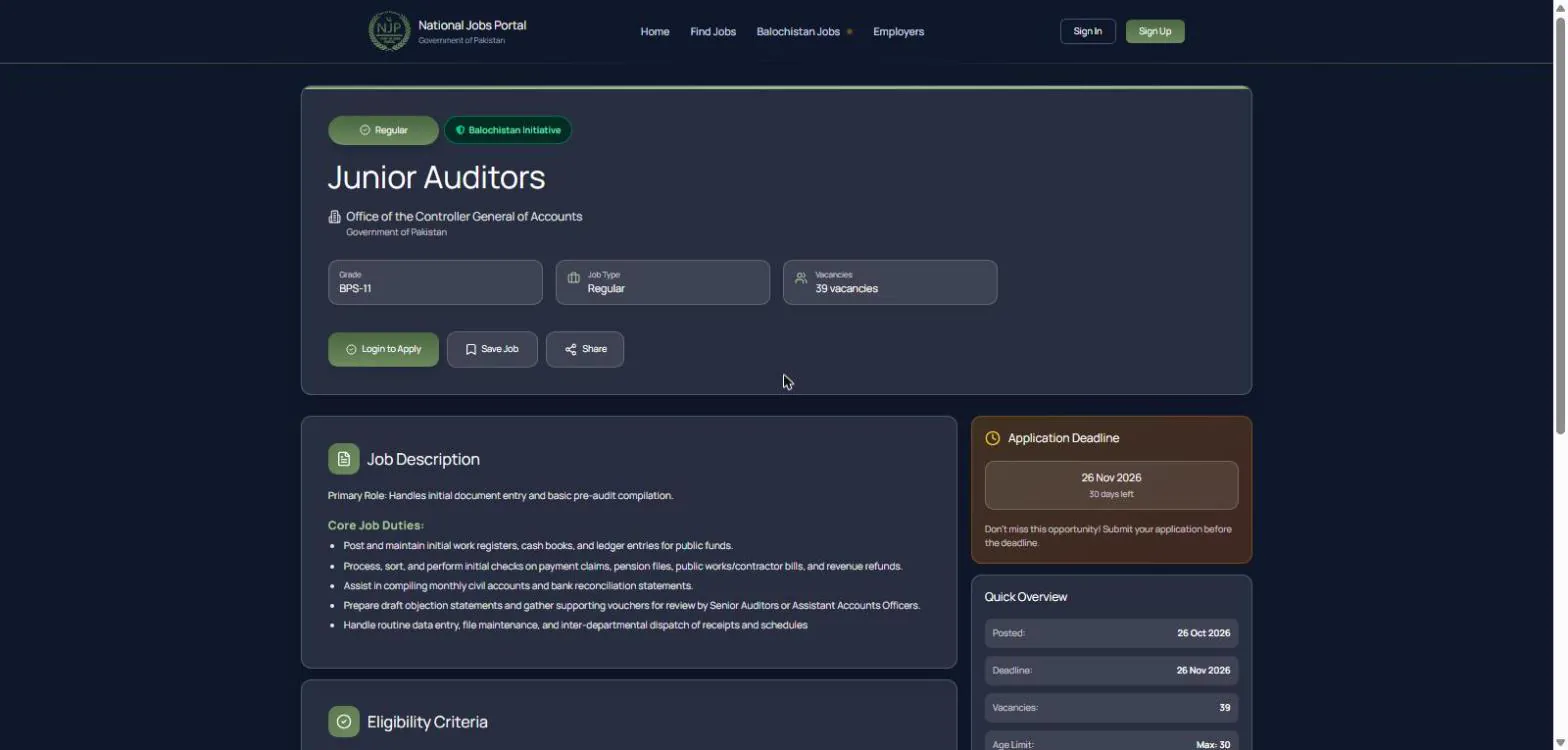 NJP job page for Junior Auditors at the Office of the Controller General of Accounts, 39 vacancies, deadline 26 Nov 2026