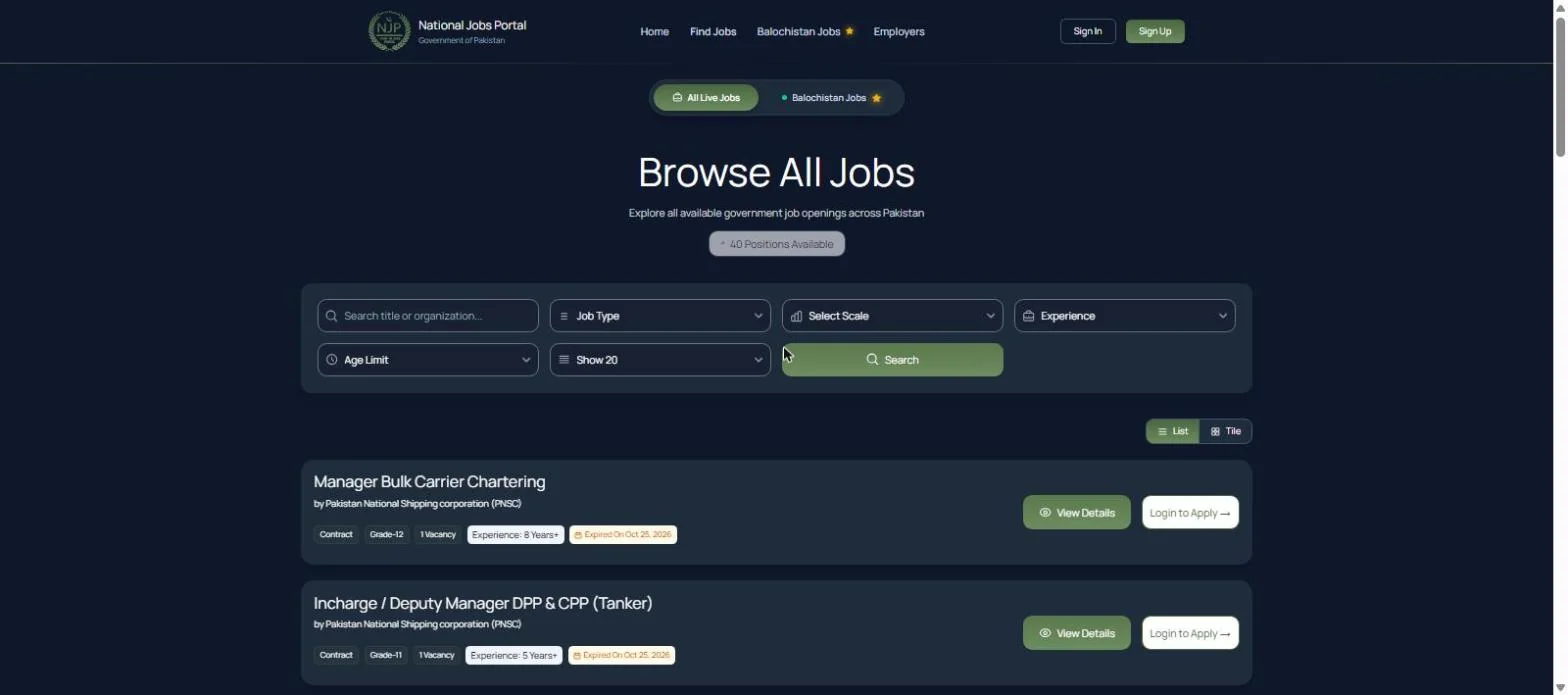 National Job Portal All Live Jobs page with job type scale experience and age filters