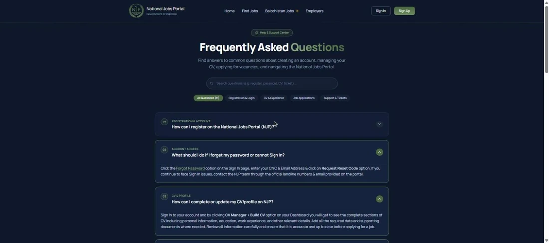 National Job Portal FAQs how to register how to build CV how to search and apply for government jobs