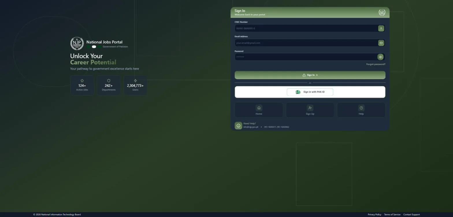 NJP sign-in page with CNIC, email, password and Sign in with PAK-ID options