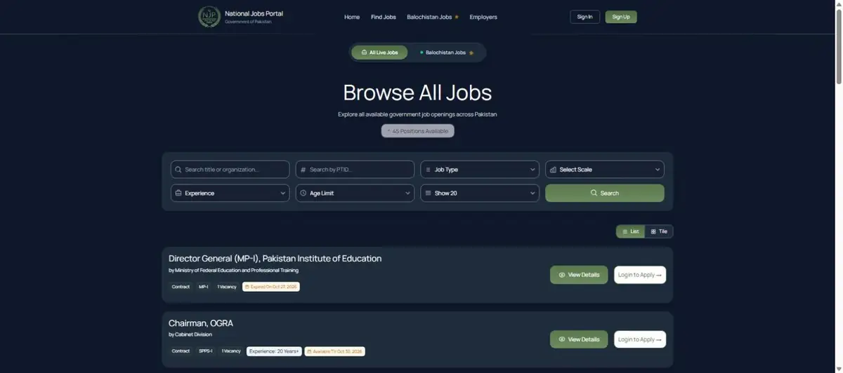 National Jobs Portal live jobs list njp.gov.pk with Ministry of Railways contract posts