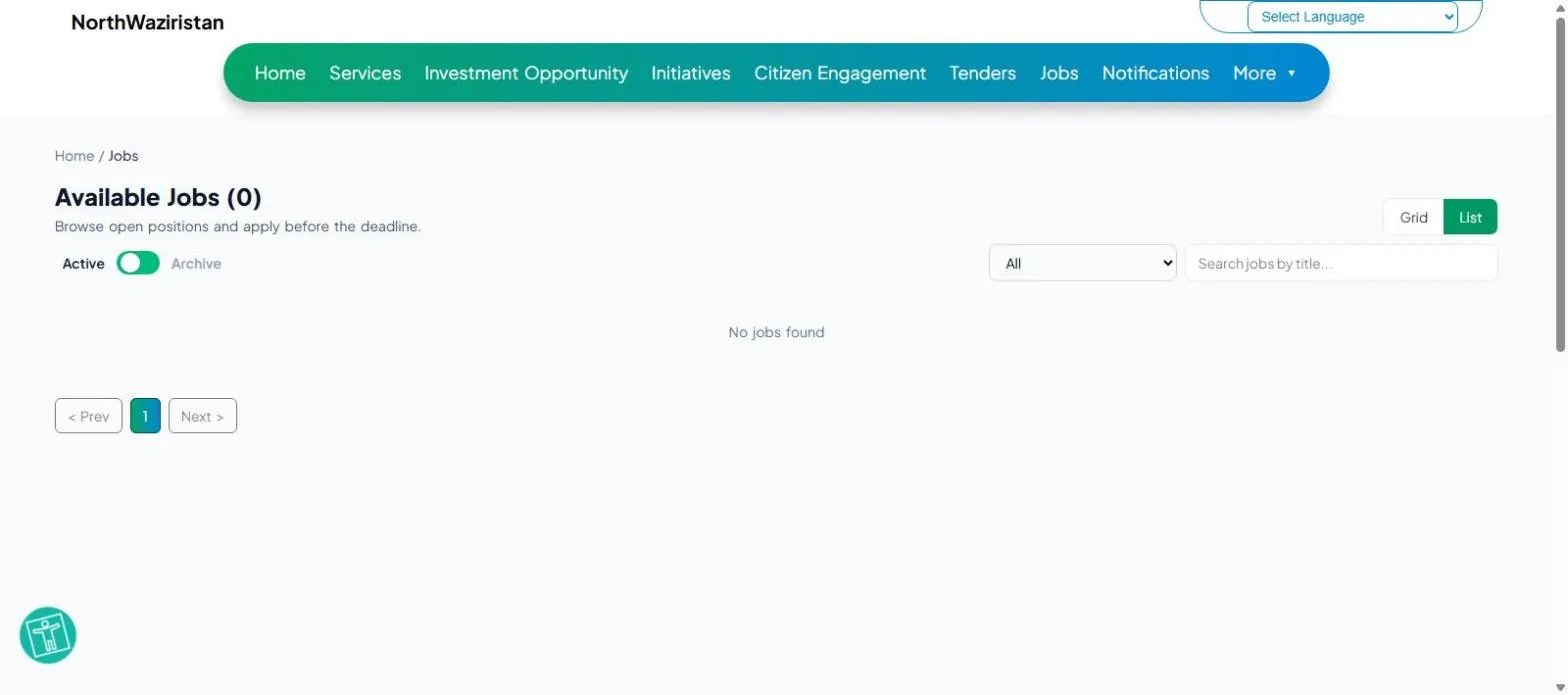 North Waziristan district official website jobs page showing no active jobs 24 October 2026