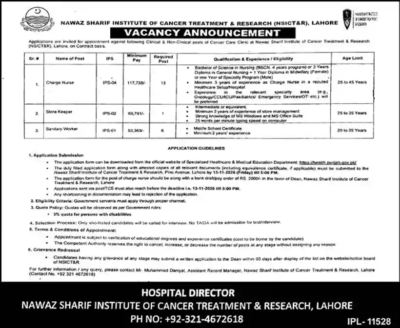 Nawaz Sharif Institute of Cancer Treatment and Research NSICT&R Lahore vacancy announcement 31 October 2026 Charge Nurse Store Keeper Sanitary Worker