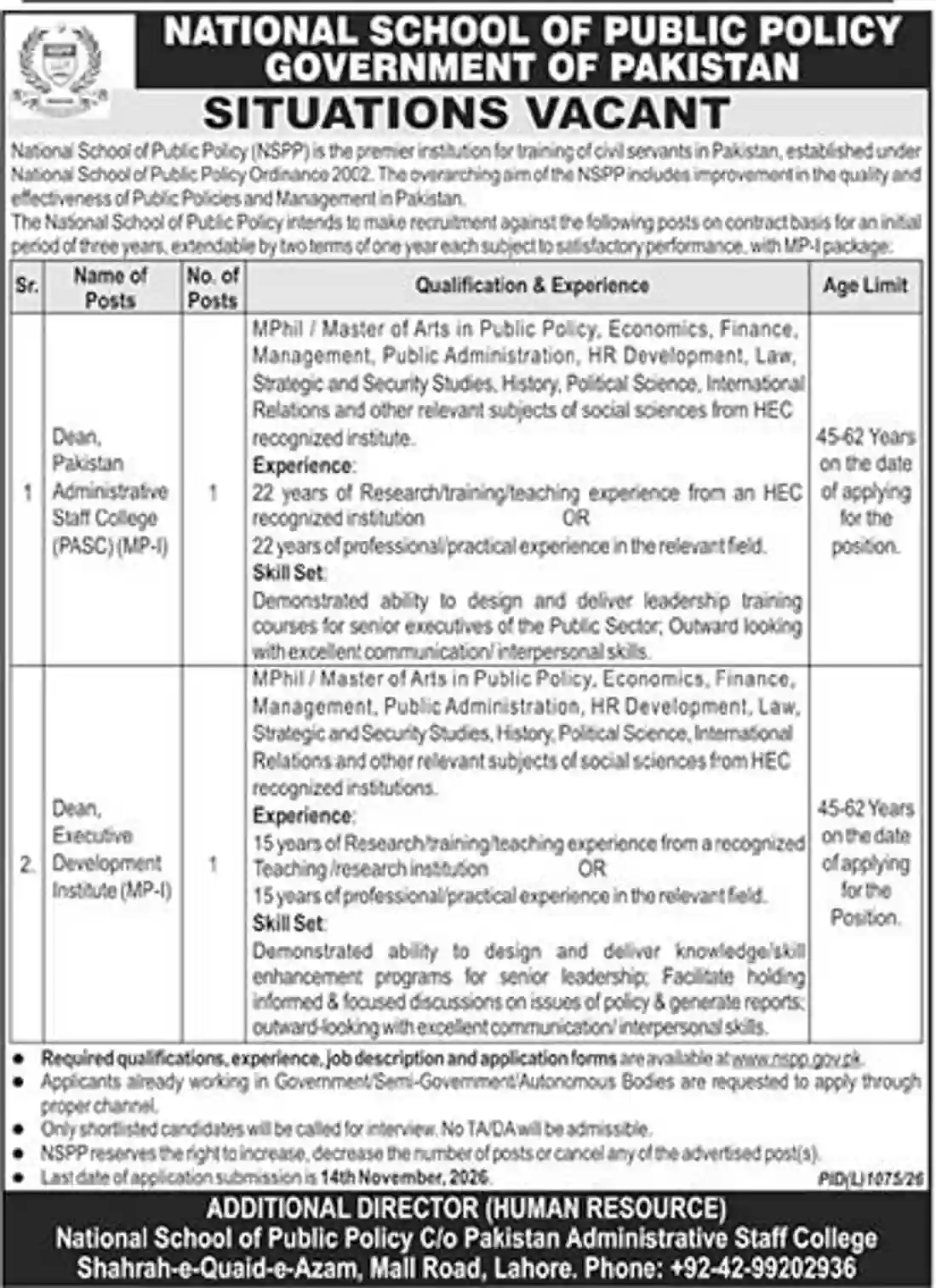 National School of Public Policy NSPP Dean PASC Dean EDI MP-I jobs ad The News 28 October 2026